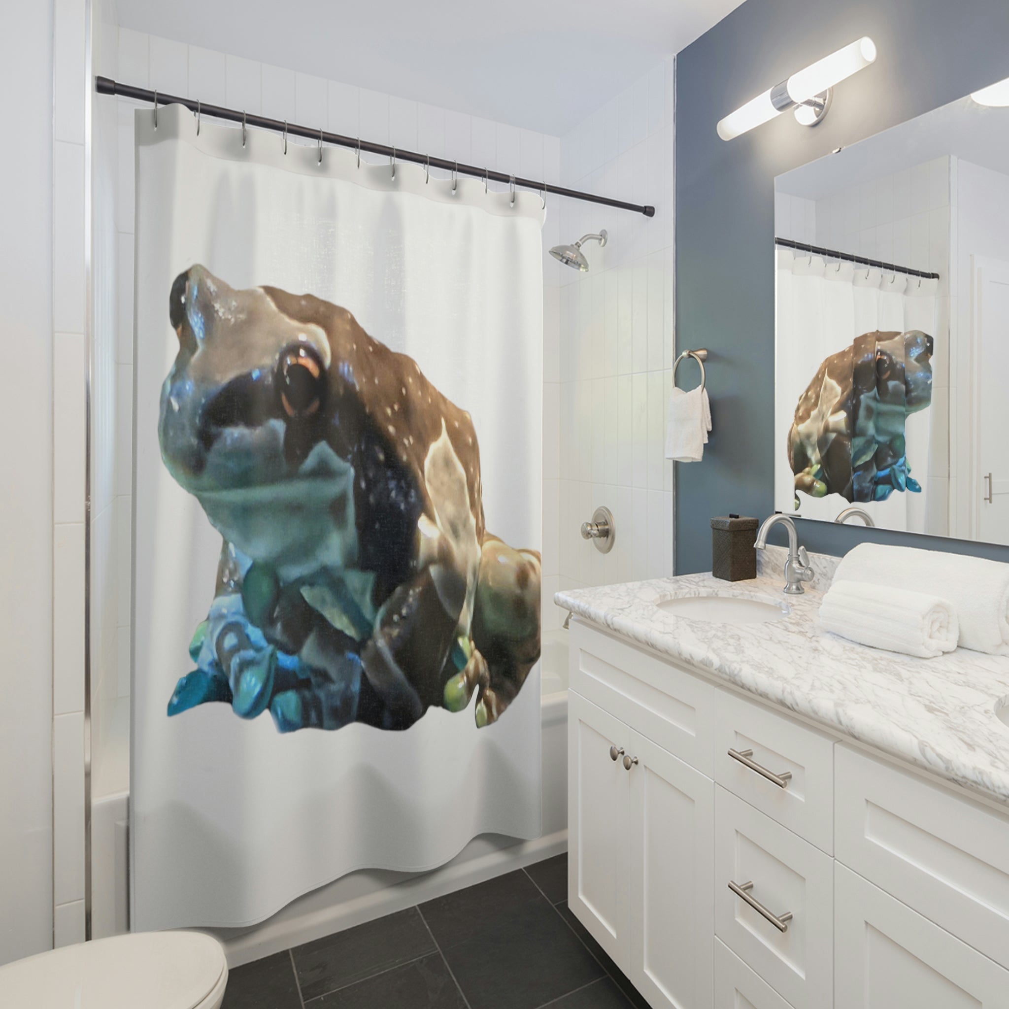 Colorful Toad Shower Curtain made of durable polyester, featuring a whimsical design perfect for bathroom decor.