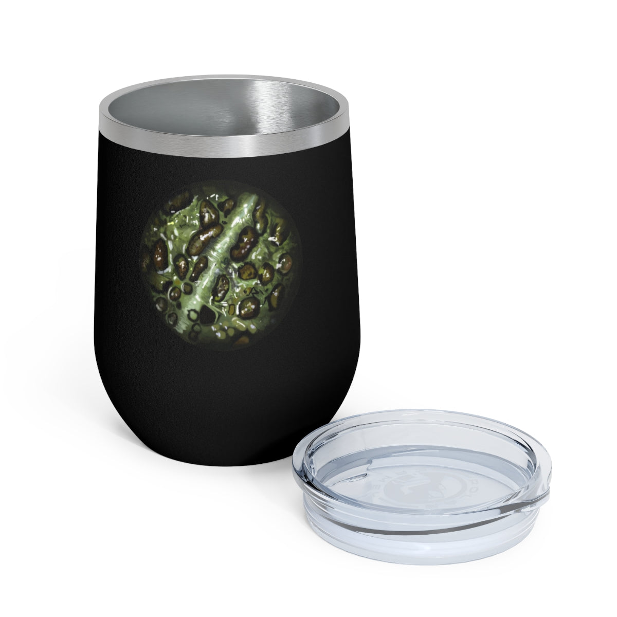 Toad Skin 12oz Insulated Wine Tumbler with clear lid, showcasing stylish design and stainless steel construction.