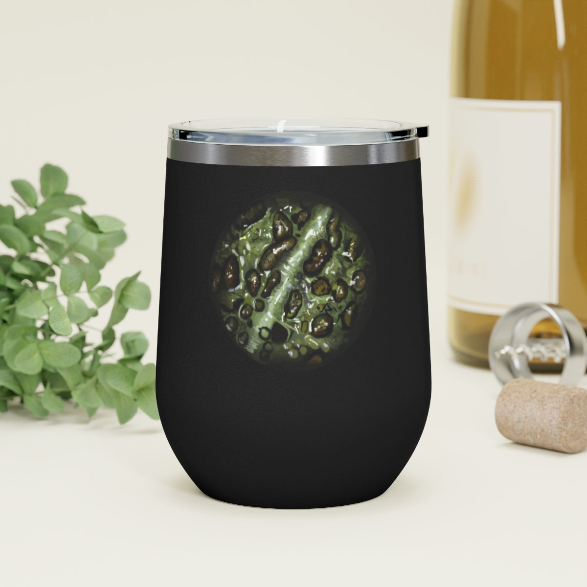 Toad Skin 12oz Insulated Wine Tumbler with clear lid, showcasing stylish design and stainless steel construction.