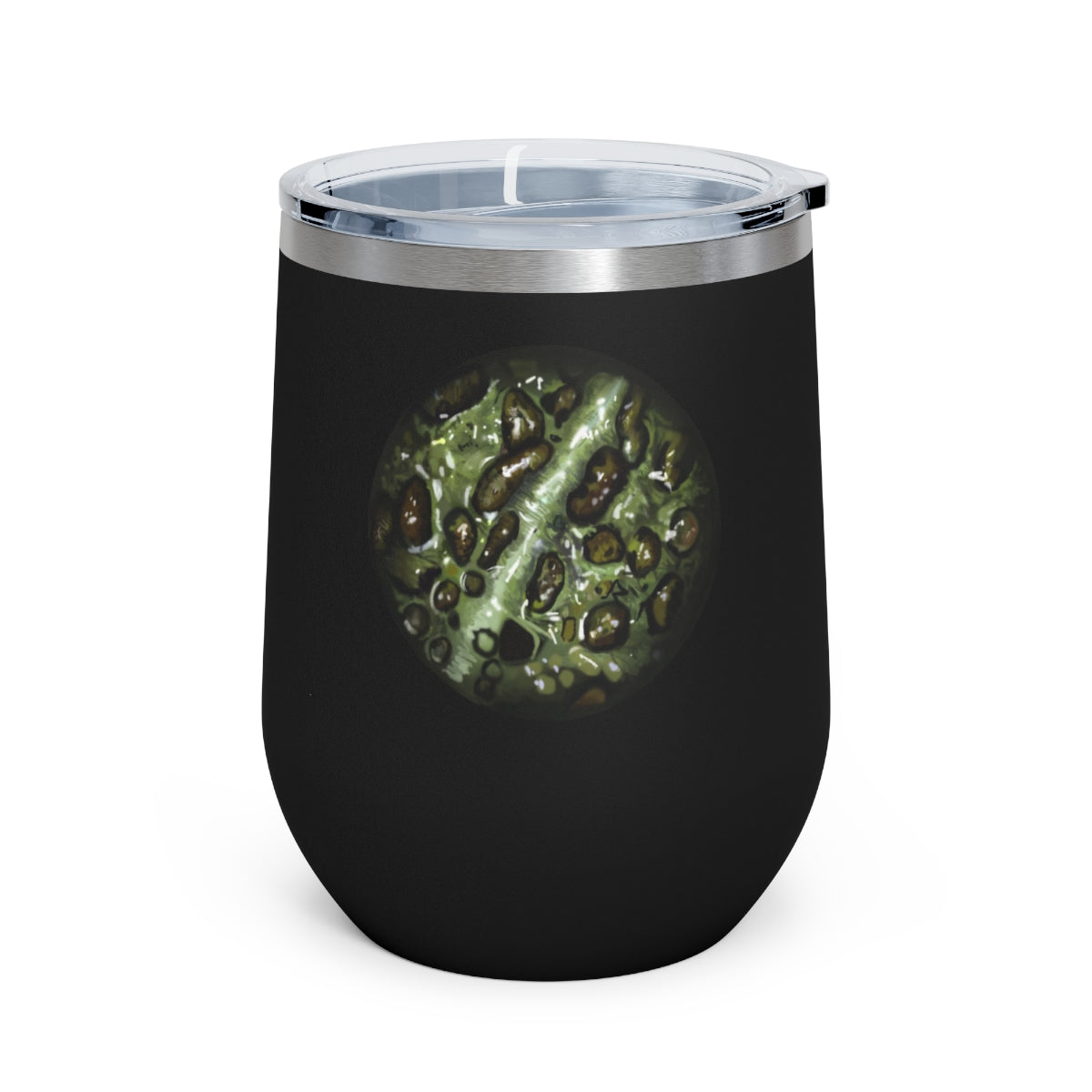 Toad Skin 12oz Insulated Wine Tumbler with clear lid, showcasing stylish design and stainless steel construction.