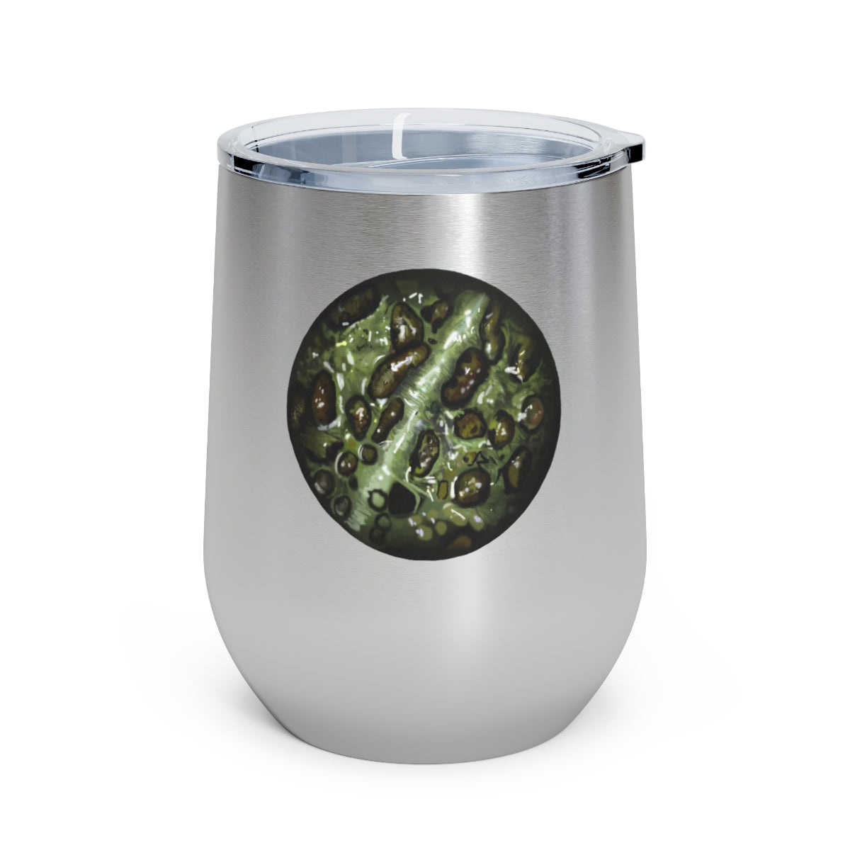 Toad Skin 12oz Insulated Wine Tumbler with clear lid, showcasing stylish design and stainless steel construction.