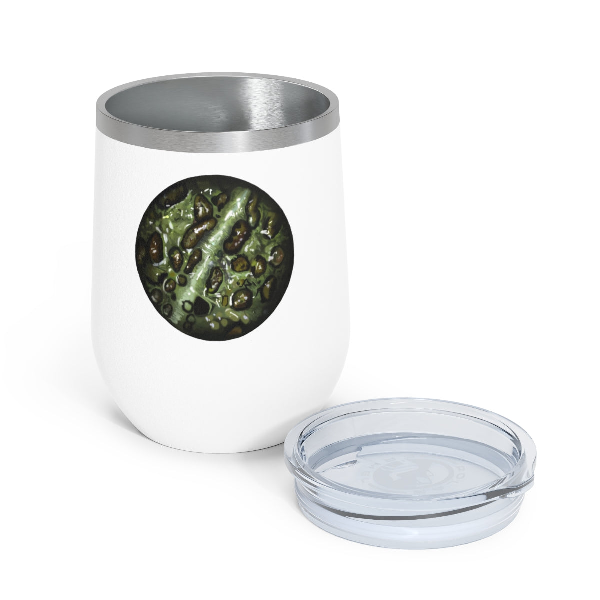 Toad Skin 12oz Insulated Wine Tumbler with clear lid, showcasing stylish design and stainless steel construction.