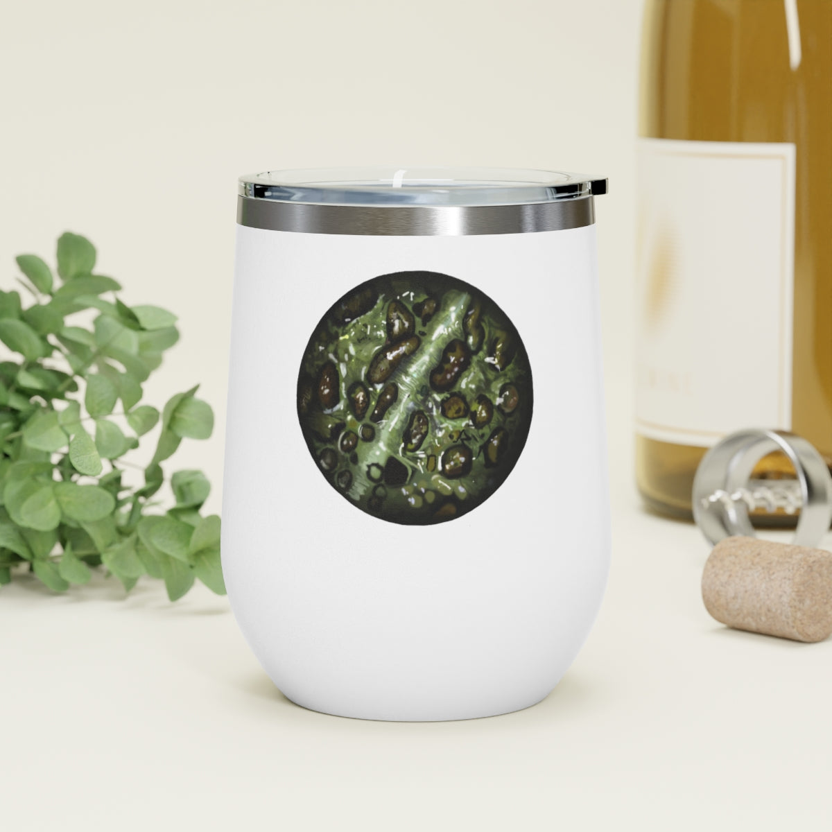 Toad Skin 12oz Insulated Wine Tumbler with clear lid, showcasing stylish design and stainless steel construction.