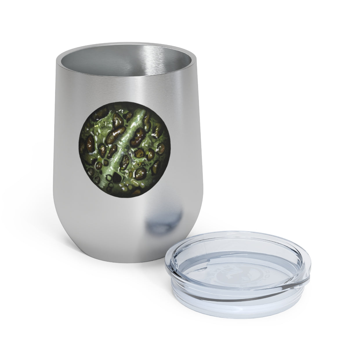 Toad Skin 12oz Insulated Wine Tumbler with clear lid, showcasing stylish design and stainless steel construction.