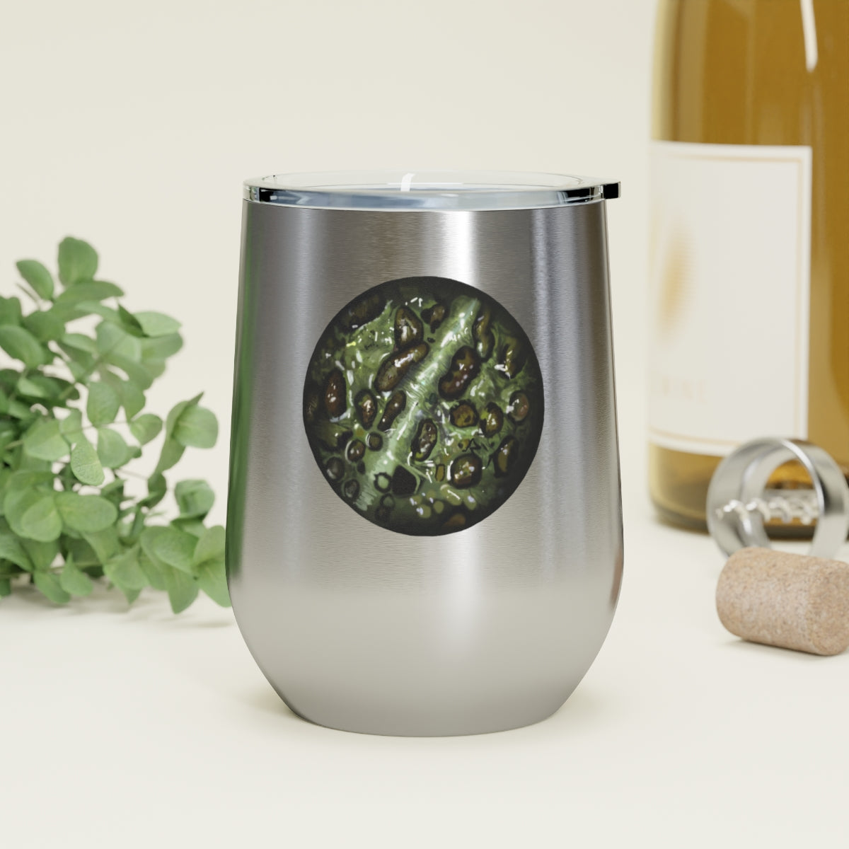 Toad Skin 12oz Insulated Wine Tumbler with clear lid, showcasing stylish design and stainless steel construction.