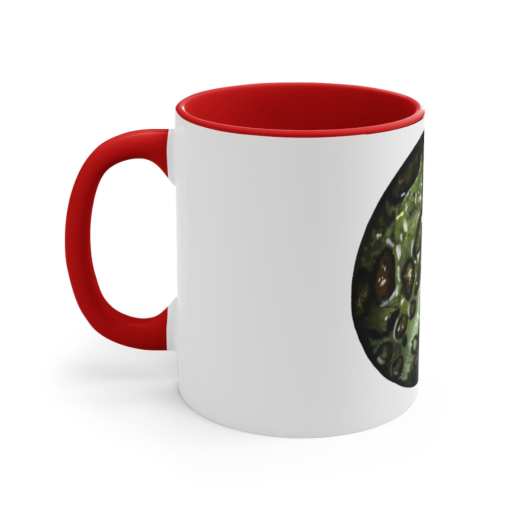 Toad Skin Accent Coffee Mug with a white exterior and colorful interior, featuring a comfortable C-handle for easy grip.