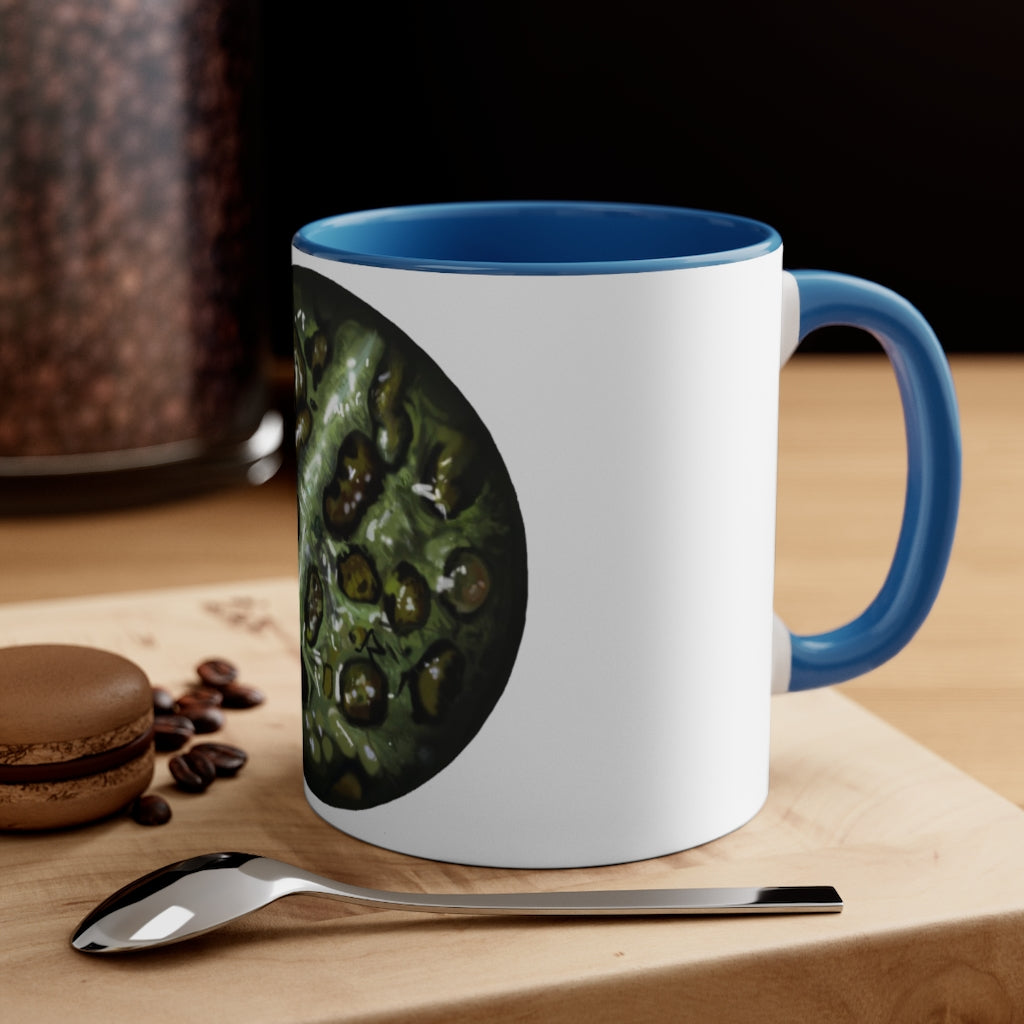 Toad Skin Accent Coffee Mug with a white exterior and colorful interior, featuring a comfortable C-handle for easy grip.