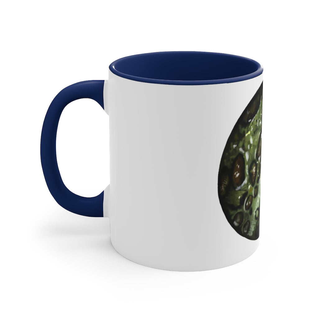 Toad Skin Accent Coffee Mug with a white exterior and colorful interior, featuring a comfortable C-handle for easy grip.