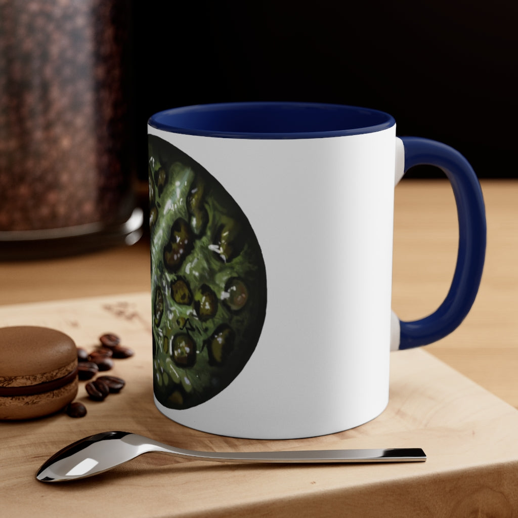 Toad Skin Accent Coffee Mug with a white exterior and colorful interior, featuring a comfortable C-handle for easy grip.