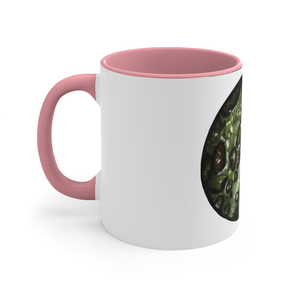 Toad Skin Accent Coffee Mug with a white exterior and colorful interior, featuring a comfortable C-handle for easy grip.