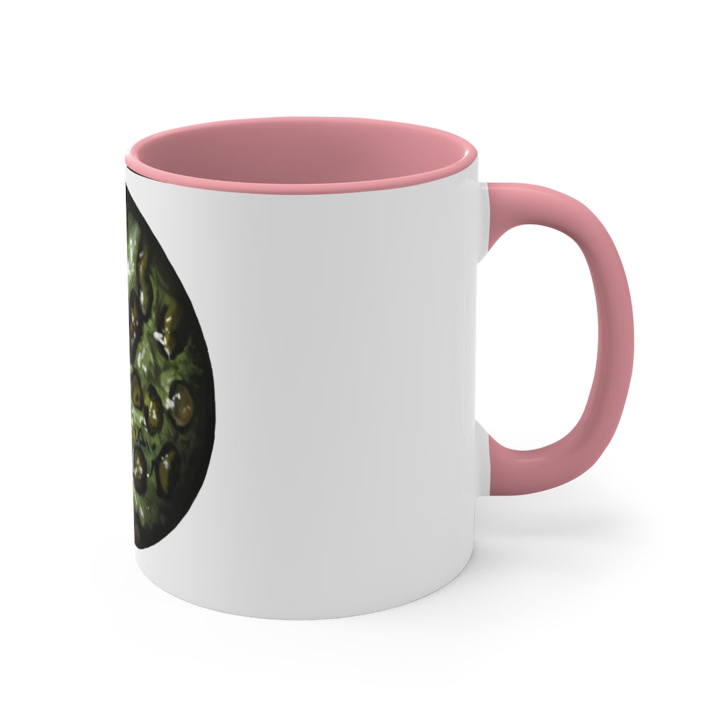 Toad Skin Accent Coffee Mug with a white exterior and colorful interior, featuring a comfortable C-handle for easy grip.