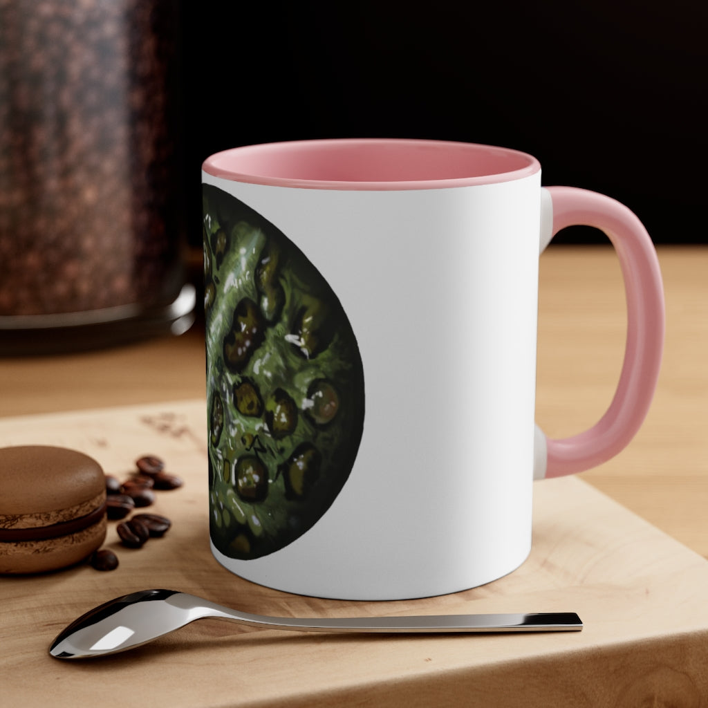 Toad Skin Accent Coffee Mug with a white exterior and colorful interior, featuring a comfortable C-handle for easy grip.