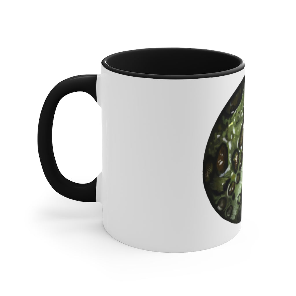 Toad Skin Accent Coffee Mug with a white exterior and colorful interior, featuring a comfortable C-handle for easy grip.