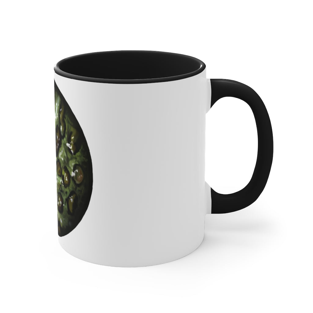 Toad Skin Accent Coffee Mug with a white exterior and colorful interior, featuring a comfortable C-handle for easy grip.