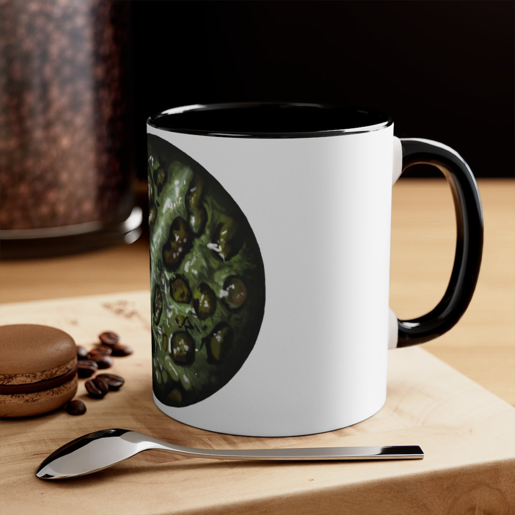 Toad Skin Accent Coffee Mug with a white exterior and colorful interior, featuring a comfortable C-handle for easy grip.