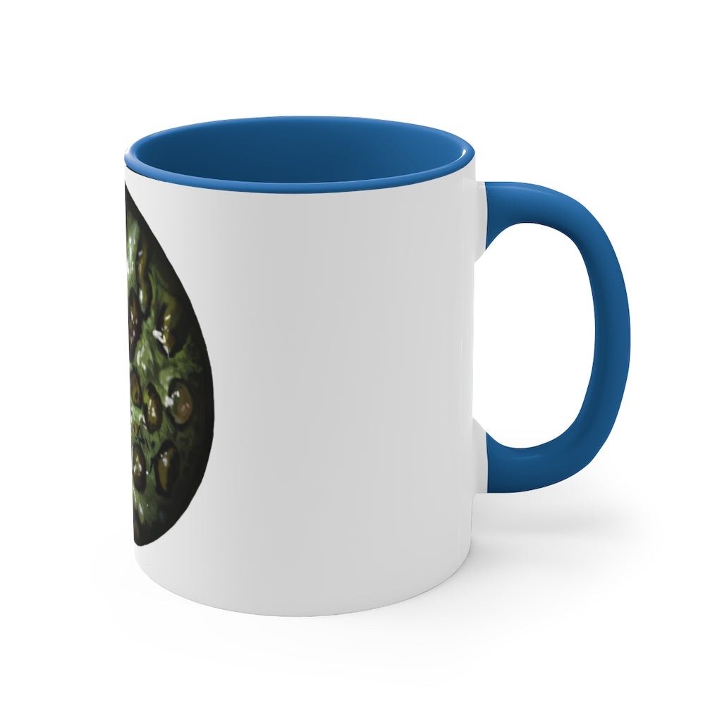 Toad Skin Accent Coffee Mug with a white exterior and colorful interior, featuring a comfortable C-handle for easy grip.