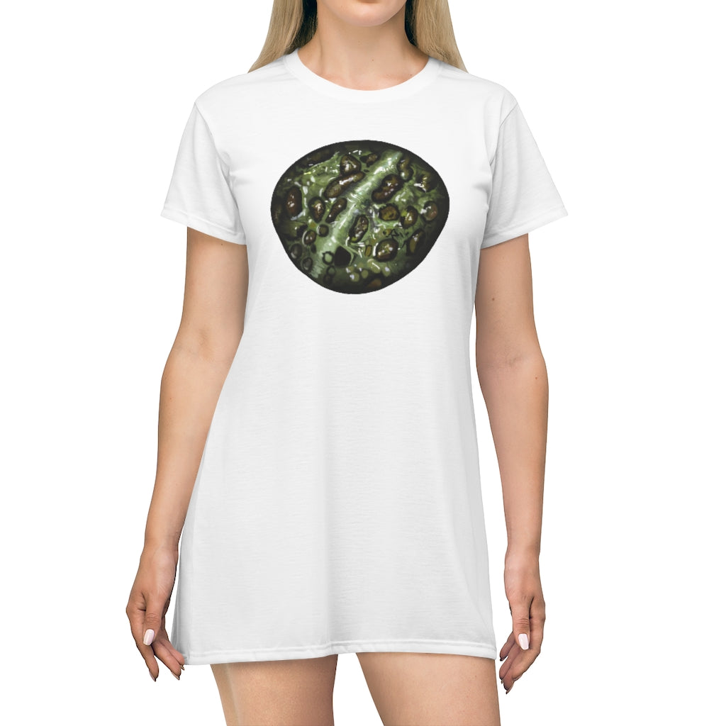 Toad Skin All Over Print T-Shirt Dress featuring a vibrant toad skin pattern, lightweight fabric, and tagless design for comfort.