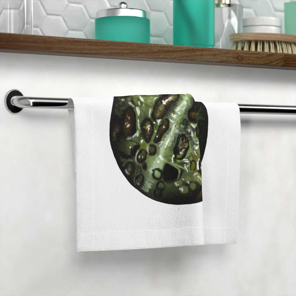 Toad Skin Face Towel featuring a vibrant customizable design on a polyester front and soft cotton back, perfect for daily use.