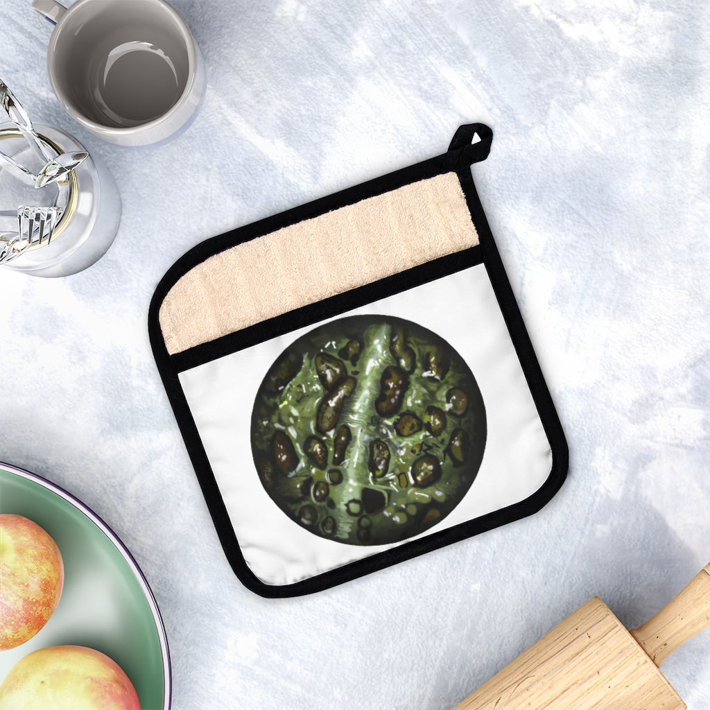 Toad Skin Pot Holder with Pocket, featuring a stylish design and black cotton hanging loop, perfect for kitchen use.