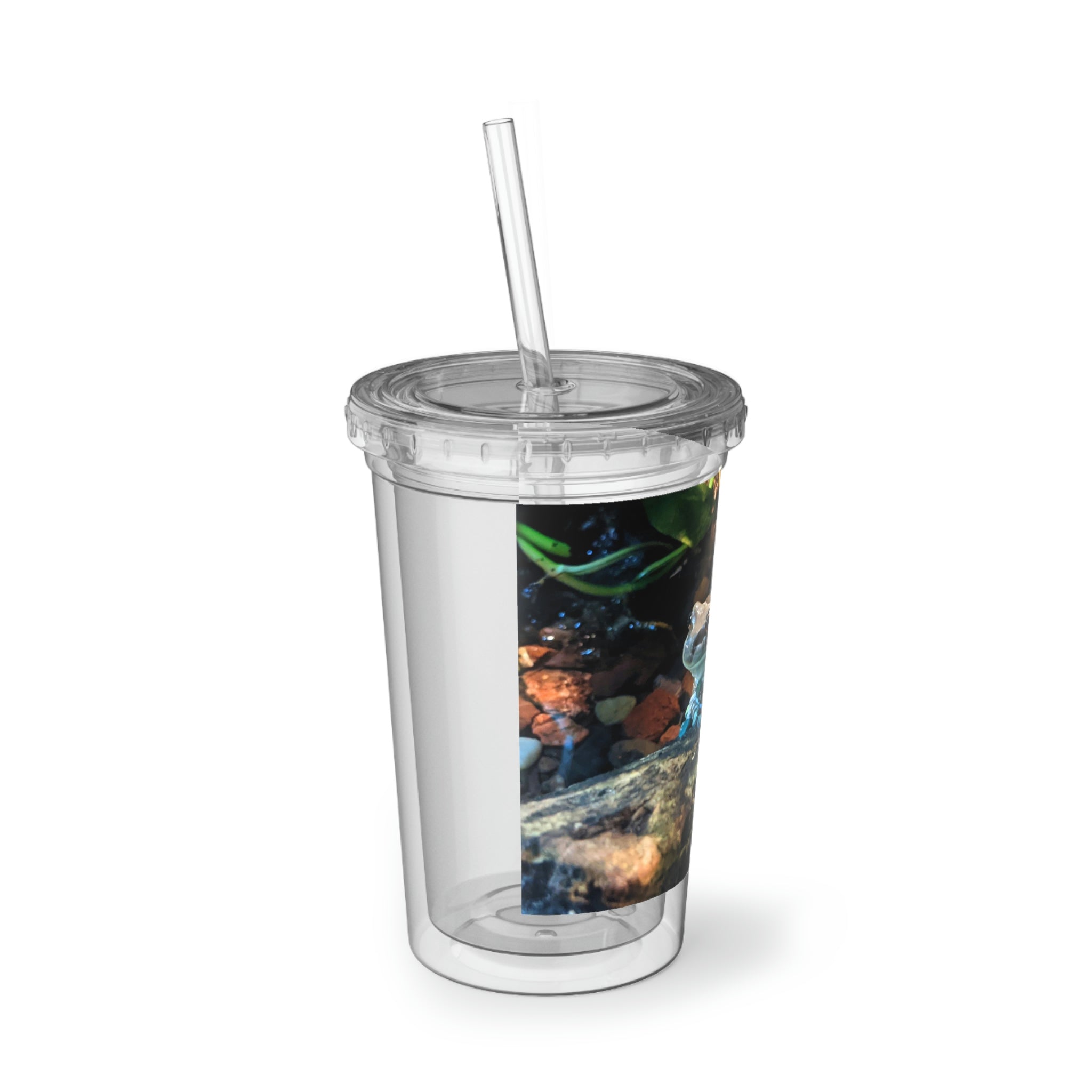 Toad Suave Acrylic Cup in stainless steel with a black plastic straw, showcasing a customizable design.