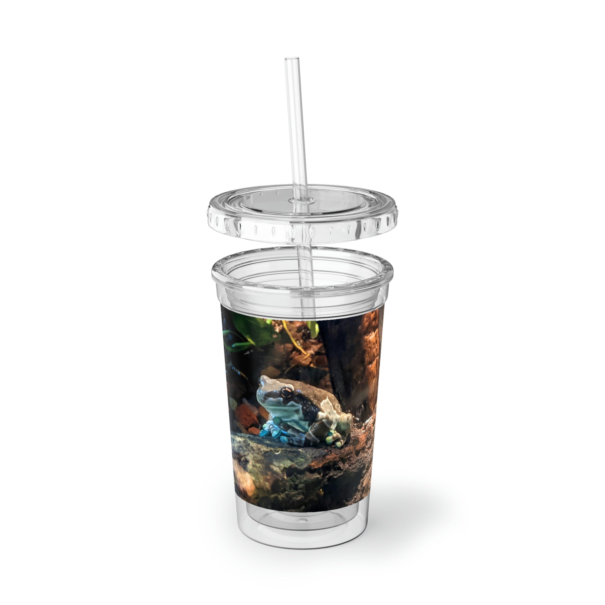 Toad Suave Acrylic Cup in stainless steel with a black plastic straw, showcasing a customizable design.