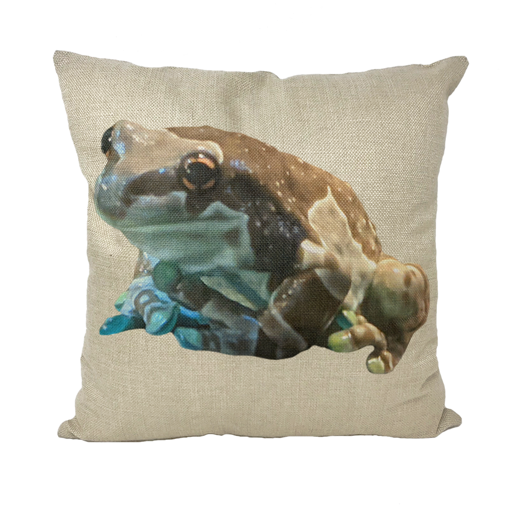 Toad Throw Pillows in various styles including linen, canvas, and suede, showcasing their vibrant colors and textures.