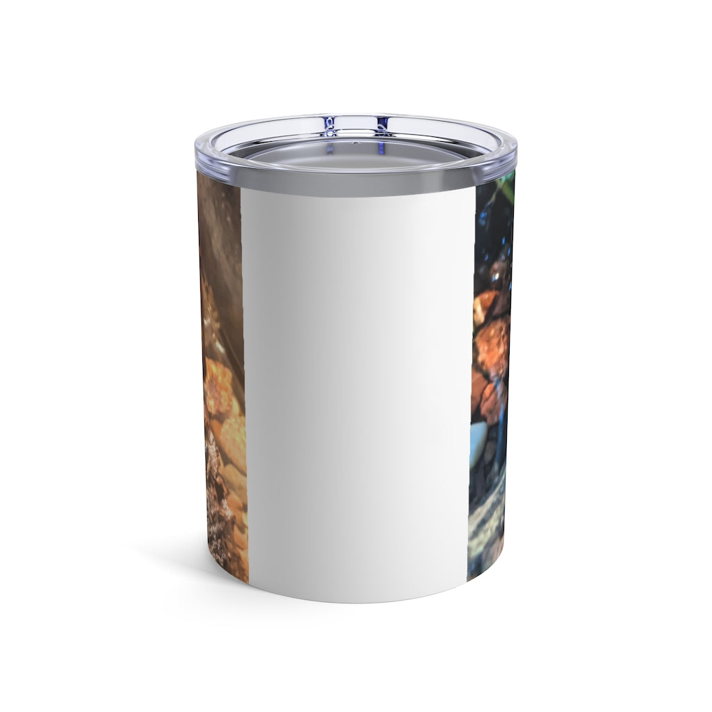 Toad Tumbler 10oz in stainless steel with a see-thru plastic lid, showcasing its sleek design and rounded corners.