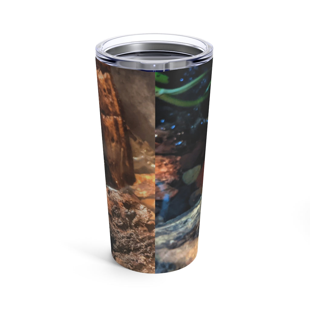 Toad Tumbler 20oz in stainless steel with a see-thru plastic lid, showcasing its sleek design and rounded corners.