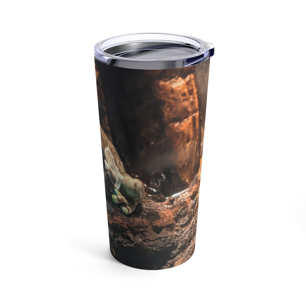 Toad Tumbler 20oz in stainless steel with a see-thru plastic lid, showcasing its sleek design and rounded corners.