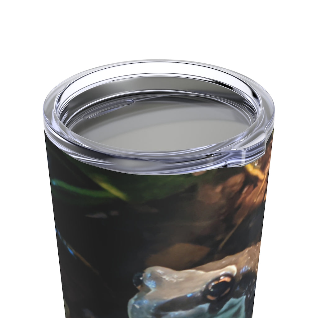 Toad Tumbler 20oz in stainless steel with a see-thru plastic lid, showcasing its sleek design and rounded corners.