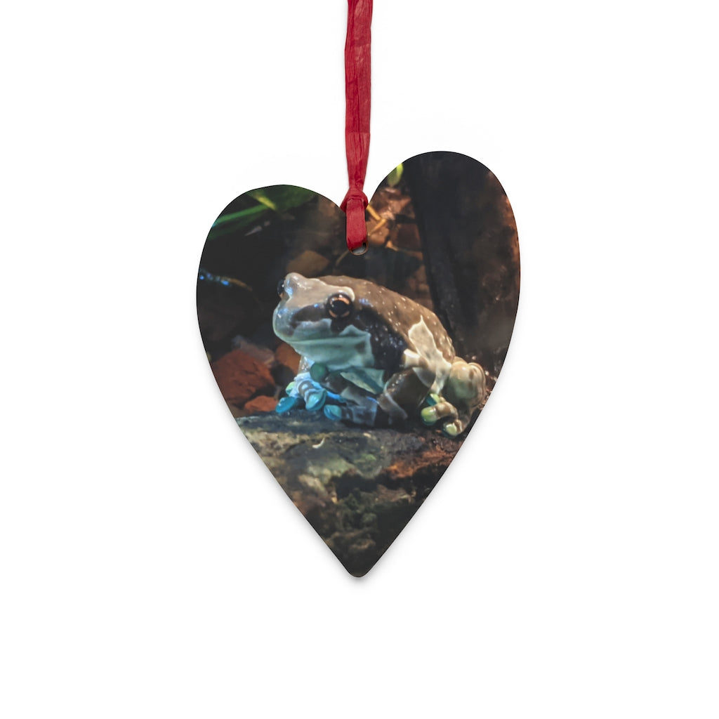 Toad Wooden Christmas Ornaments in various whimsical shapes, featuring a rustic wooden finish and red hanging ribbons.