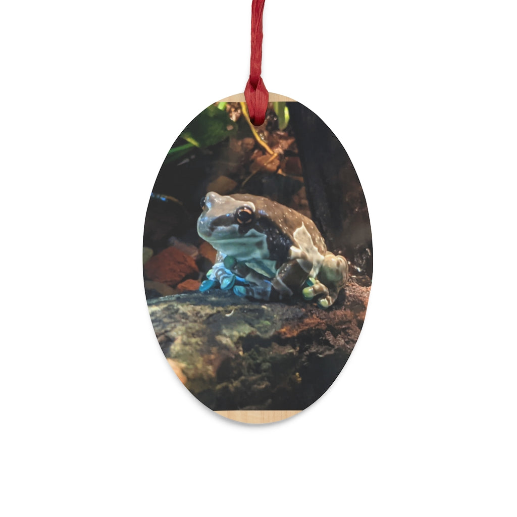 Toad Wooden Christmas Ornaments in various whimsical shapes, featuring a rustic wooden finish and red hanging ribbons.