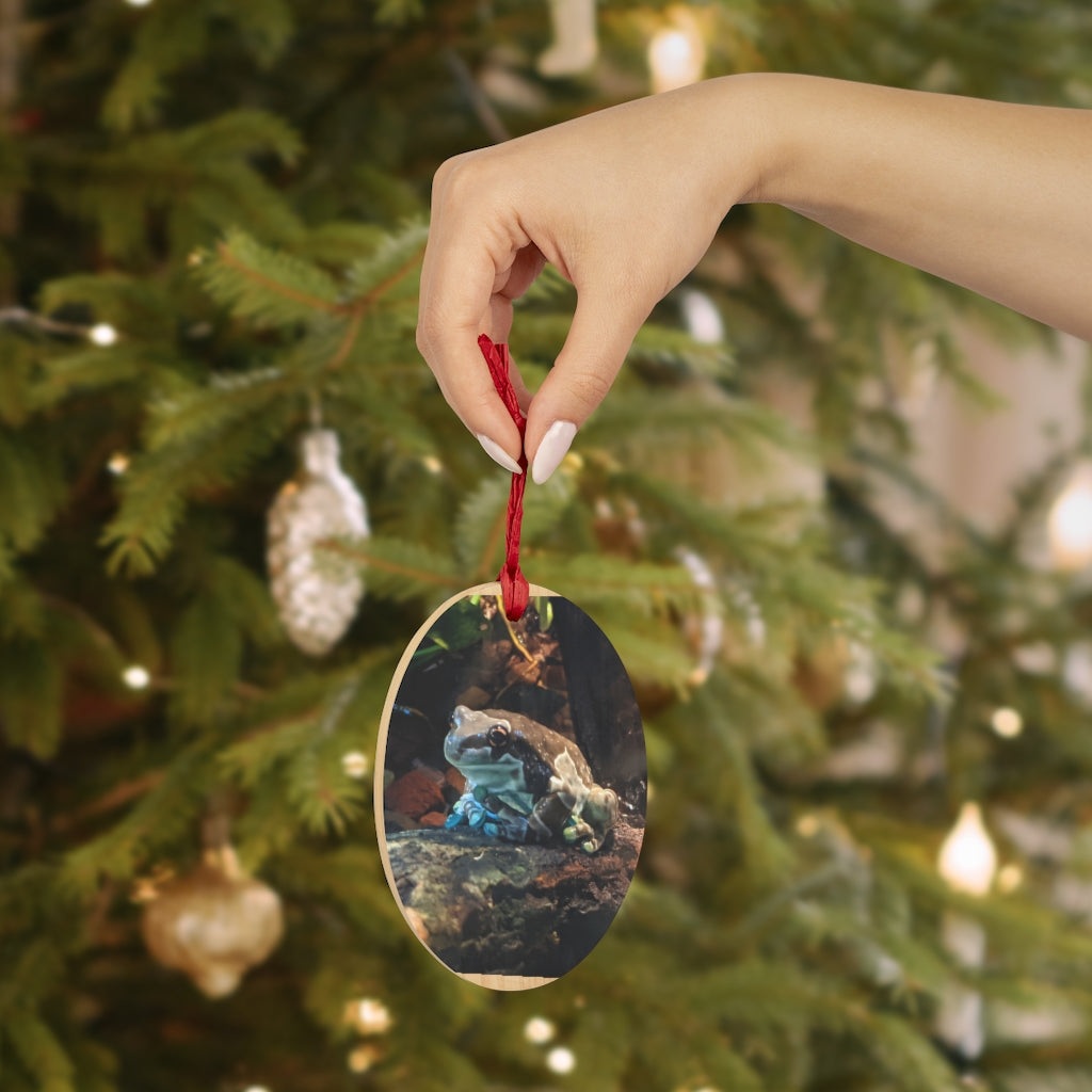 Toad Wooden Christmas Ornaments in various whimsical shapes, featuring a rustic wooden finish and red hanging ribbons.