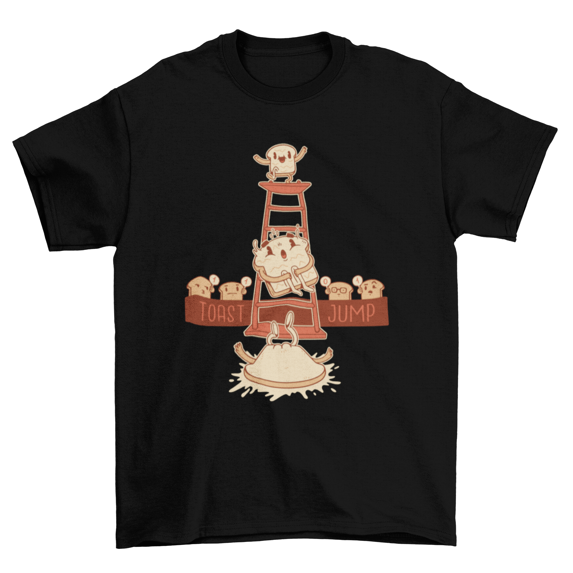 A humorous t-shirt featuring a cartoon toast joyfully jumping and landing on its buttered side, showcasing a fun and playful design.