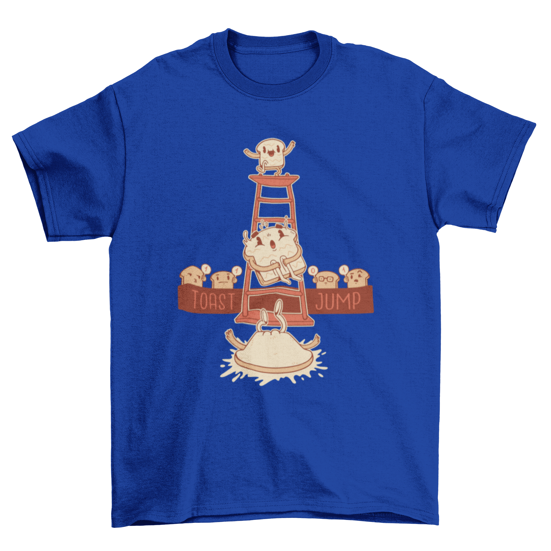 A humorous t-shirt featuring a cartoon toast joyfully jumping and landing on its buttered side, showcasing a fun and playful design.