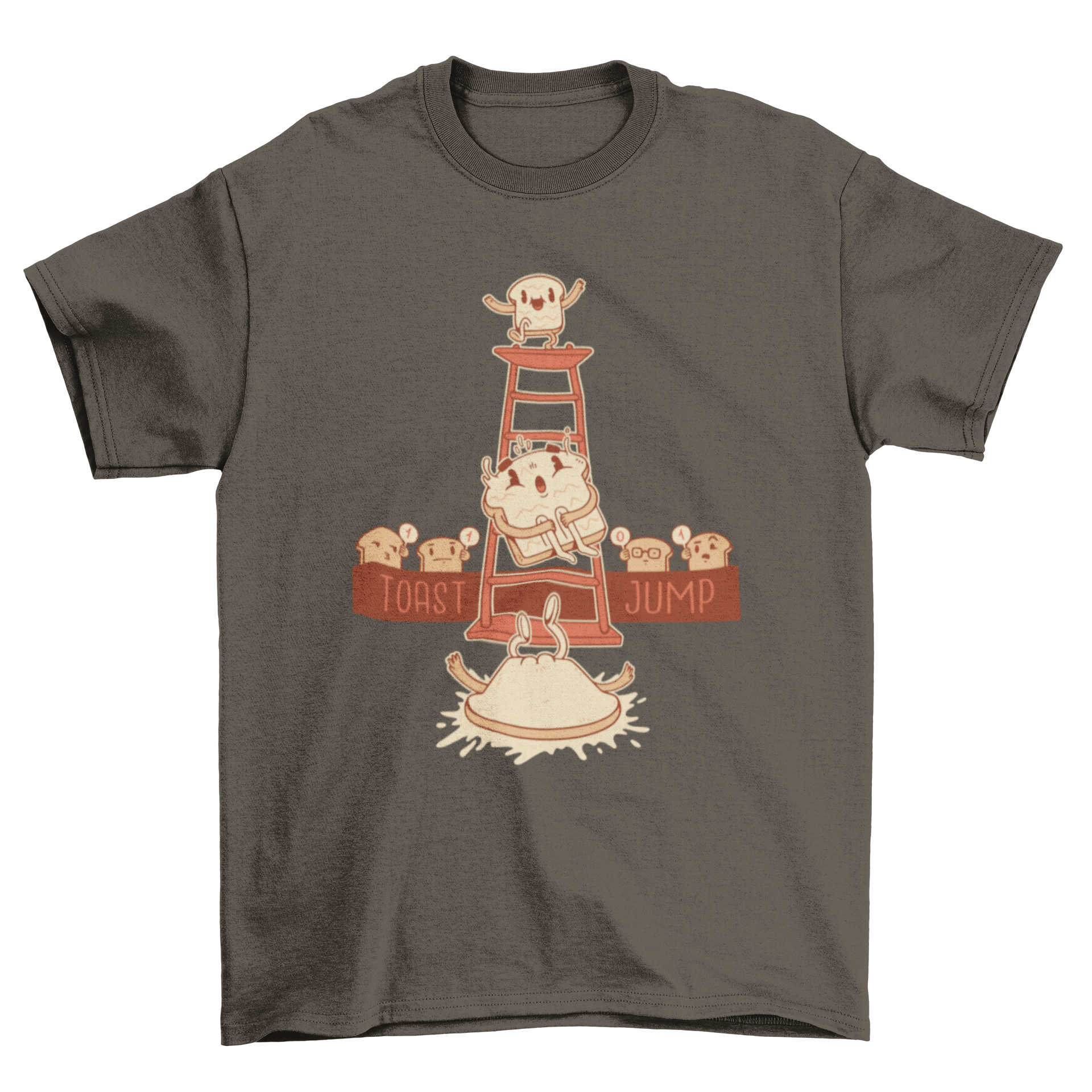 A humorous t-shirt featuring a cartoon toast joyfully jumping and landing on its buttered side, showcasing a fun and playful design.