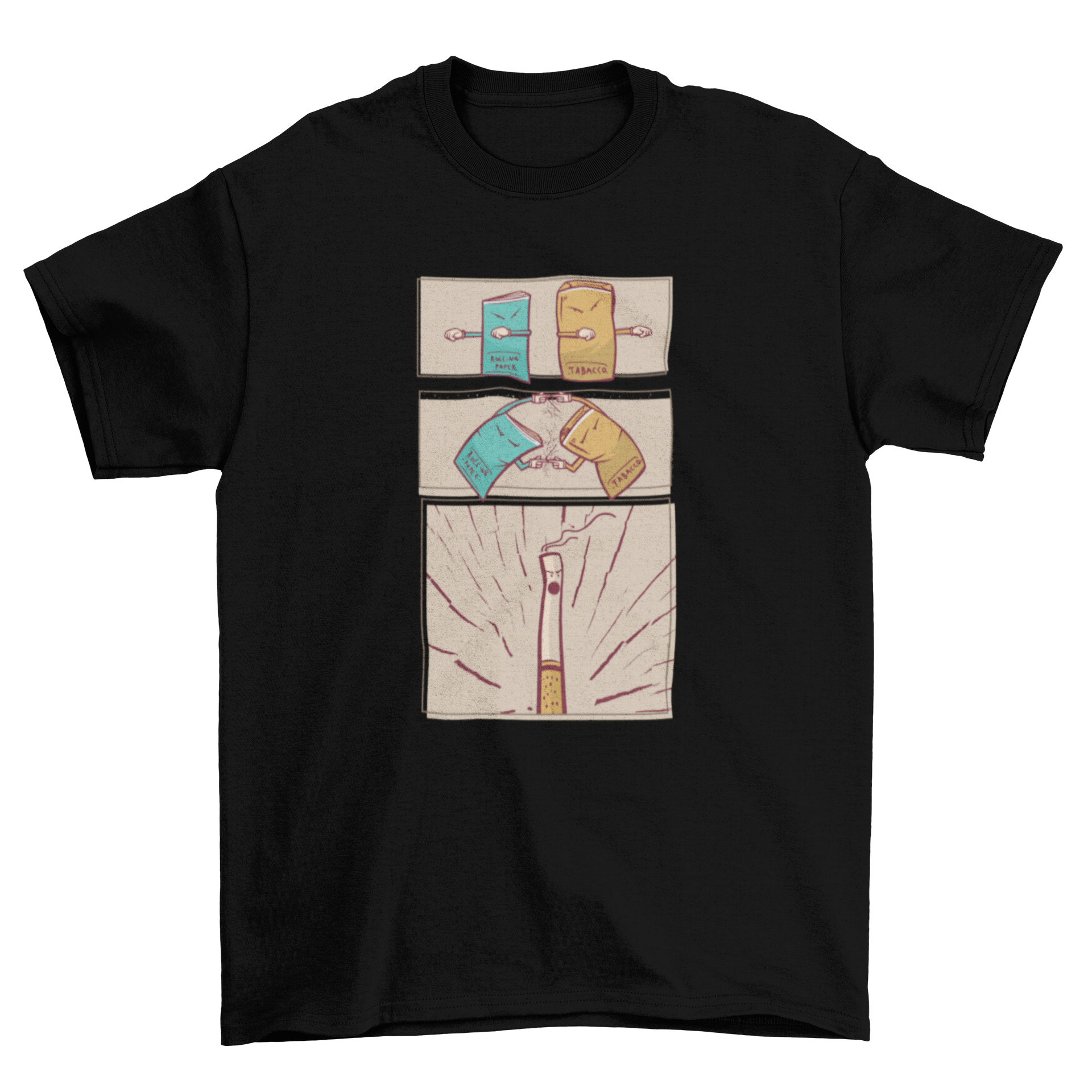 Tobacco Fusion T-Shirt featuring an illustration of tobacco and rolling paper merging into a cigarette.