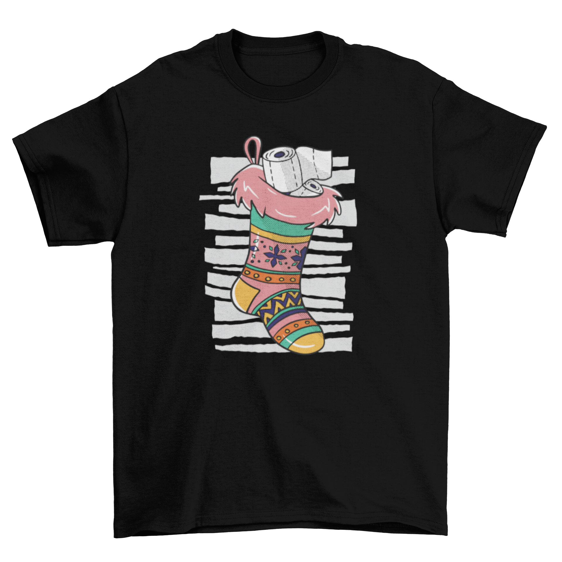 A humorous t-shirt featuring a Christmas sock filled with toilet paper, perfect for holiday fun.