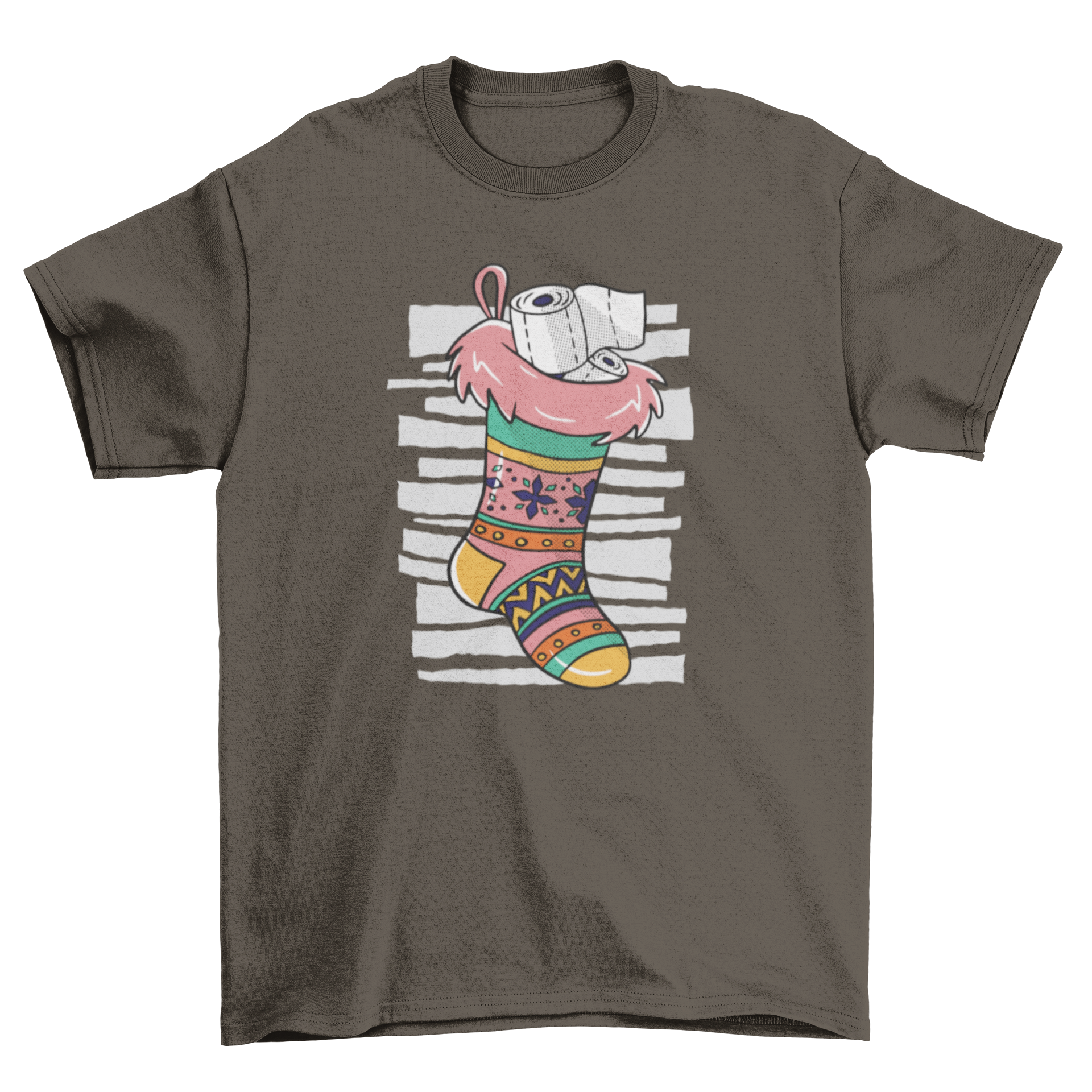 A humorous t-shirt featuring a Christmas sock filled with toilet paper, perfect for holiday fun.