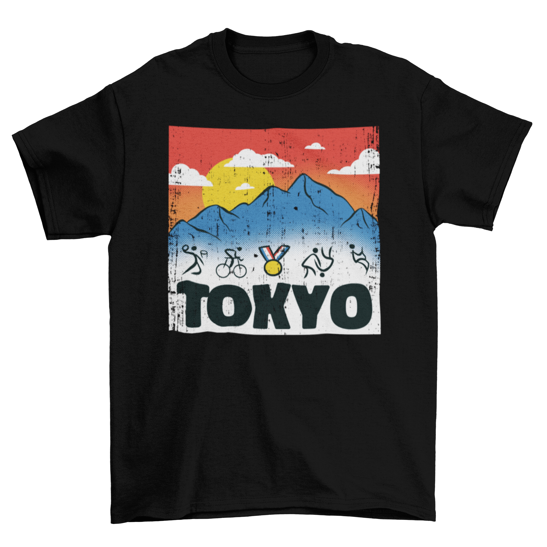 Tokyo Olympics stick figures t-shirt with mountain background and sports illustrations.