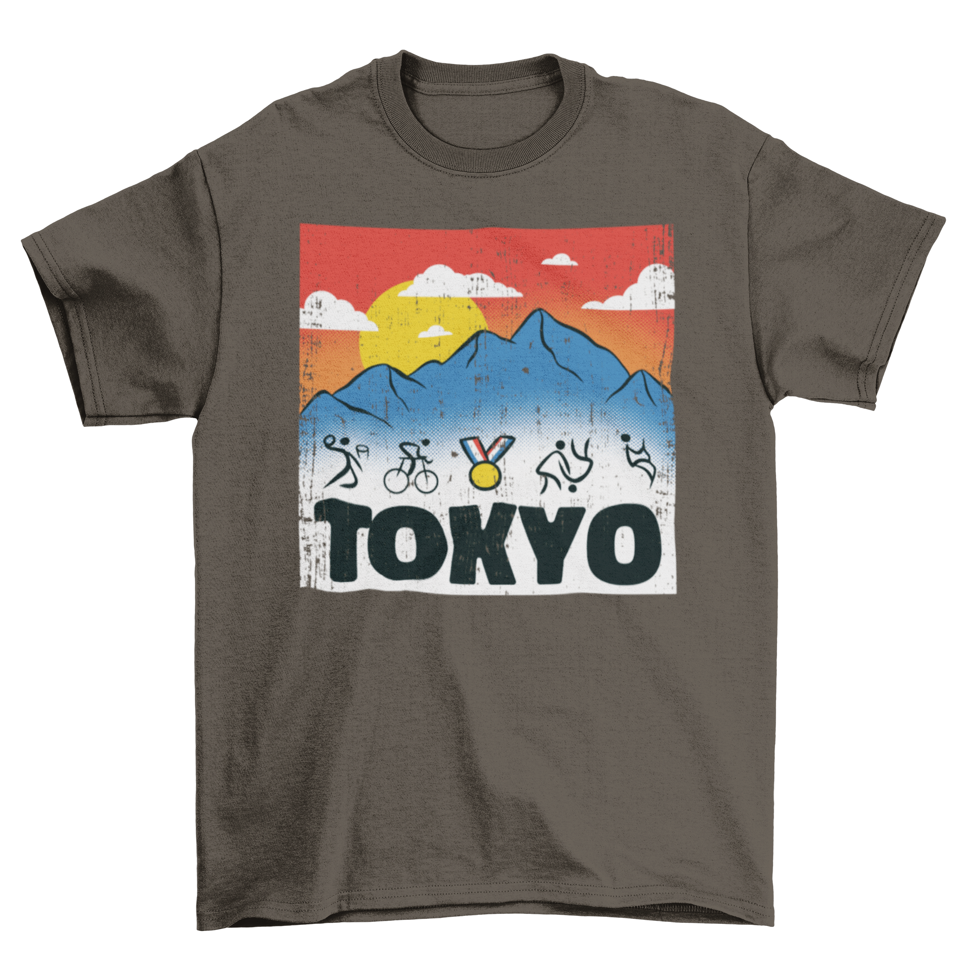 Tokyo Olympics stick figures t-shirt with mountain background and sports illustrations.