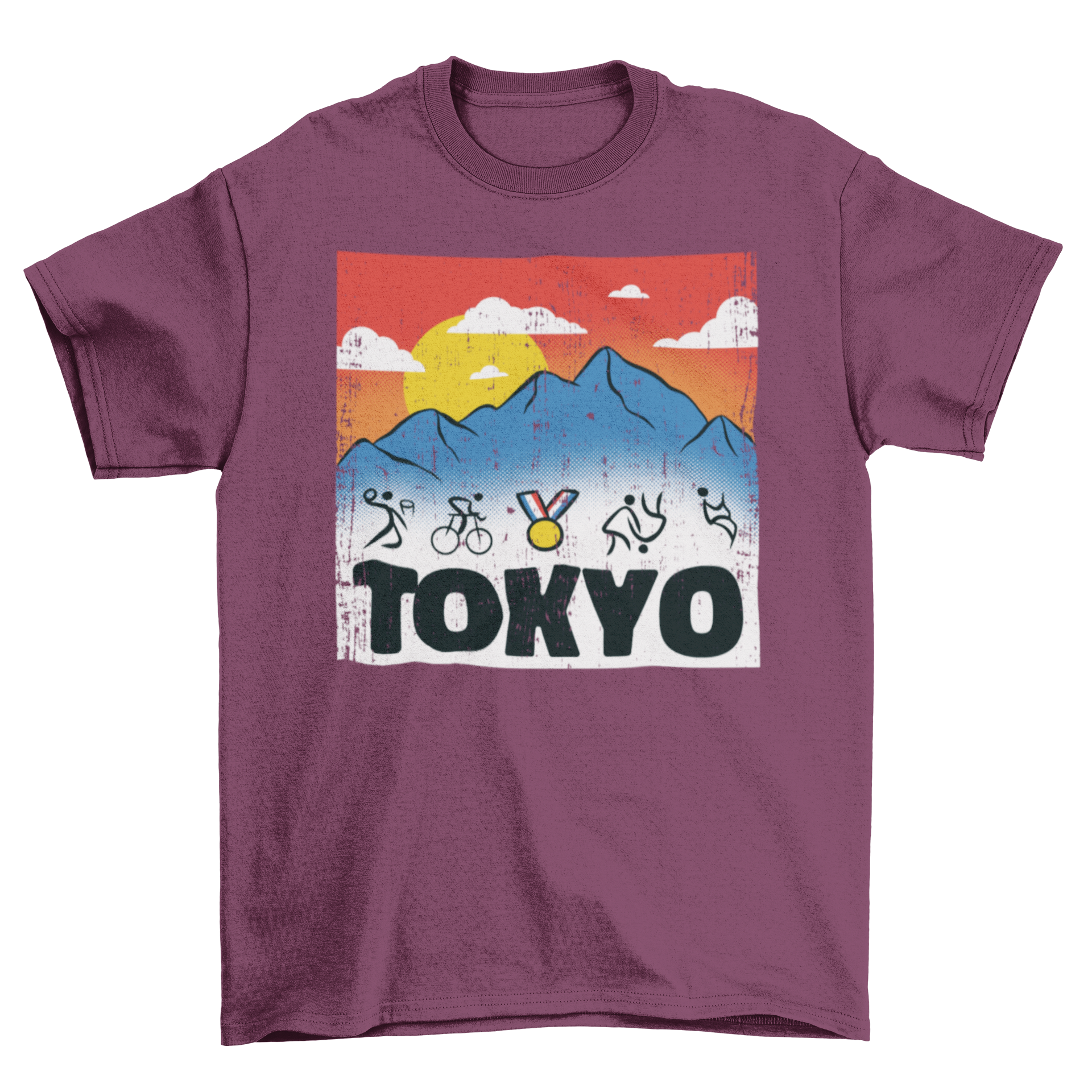 Tokyo Olympics stick figures t-shirt with mountain background and sports illustrations.