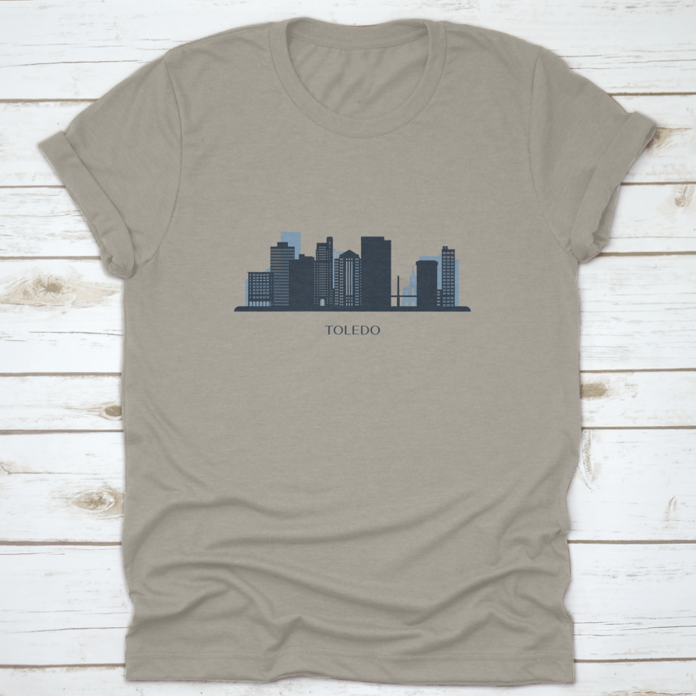 Monochrome silhouette travel destination shirt featuring the Toledo skyline design, made from soft cotton fabric.