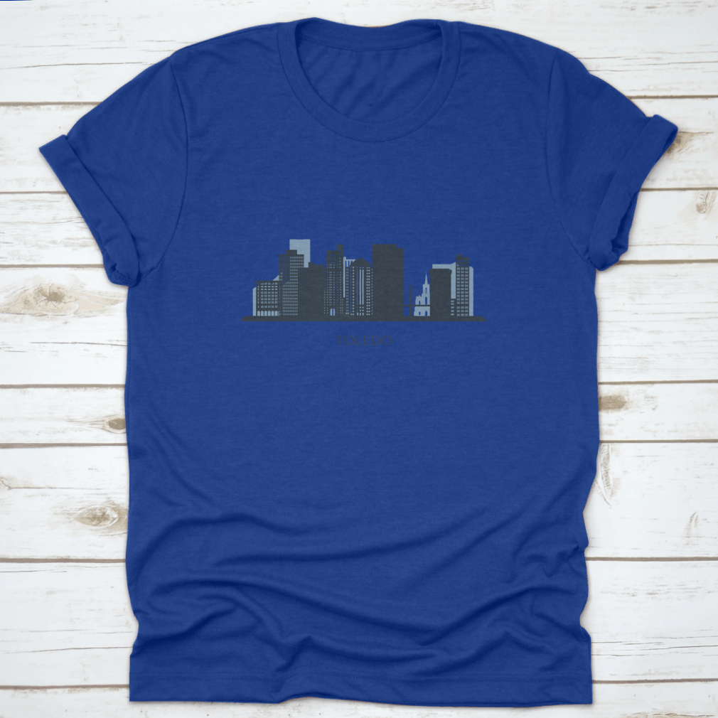 Monochrome silhouette travel destination shirt featuring the Toledo skyline design, made from soft cotton fabric.