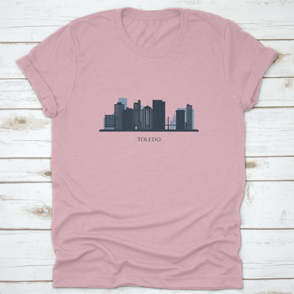 Monochrome silhouette travel destination shirt featuring the Toledo skyline design, made from soft cotton fabric.