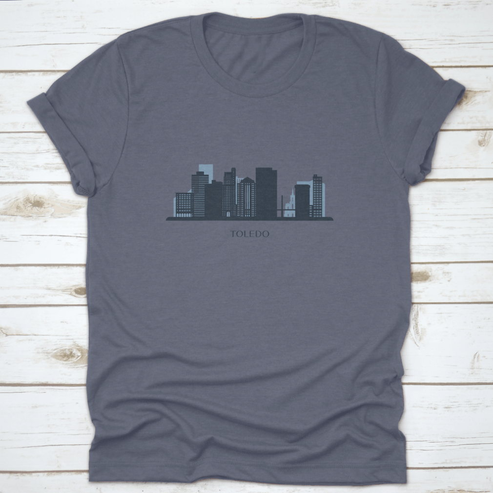 Monochrome silhouette travel destination shirt featuring the Toledo skyline design, made from soft cotton fabric.