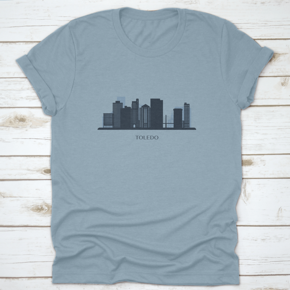 Monochrome silhouette travel destination shirt featuring the Toledo skyline design, made from soft cotton fabric.