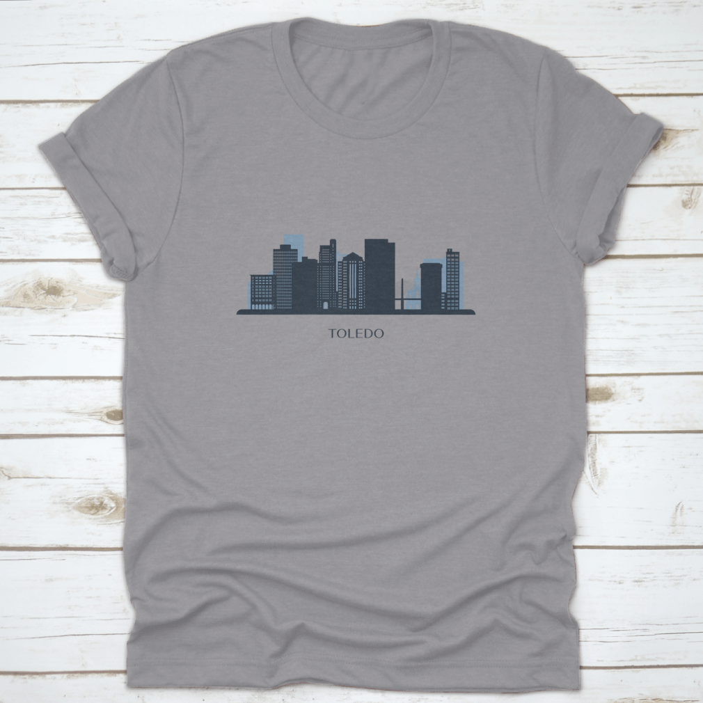 Monochrome silhouette travel destination shirt featuring the Toledo skyline design, made from soft cotton fabric.