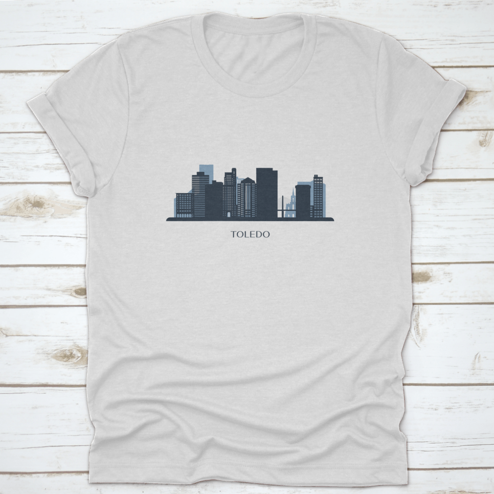 Monochrome silhouette travel destination shirt featuring the Toledo skyline design, made from soft cotton fabric.