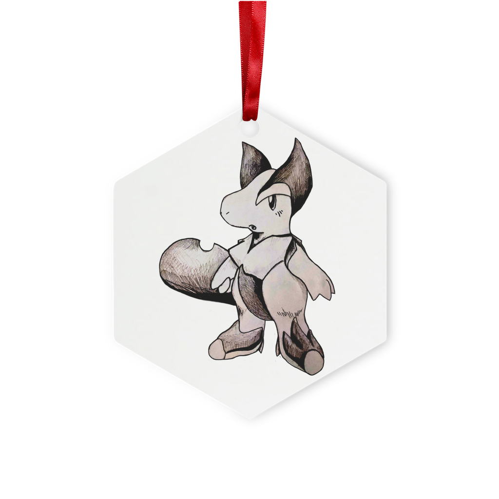 Tomas Metal Hanging Ornament in hexagon and star shapes, featuring a gloss white finish and red ribbon, elegantly displayed in a gift box.